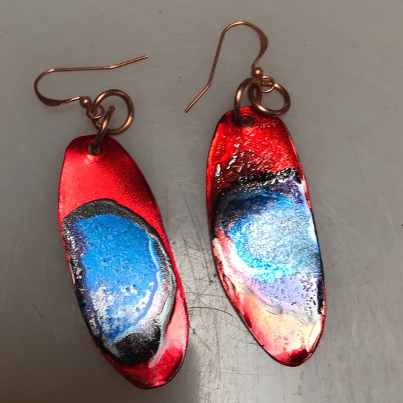 Blue Red Rustic Solid Copper Long Painted Earrings Handmade OOAK Bohemian Hippie - Picture 10 of 11
